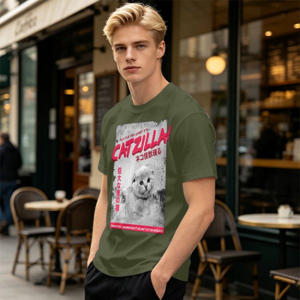 Olive green t-shirt with Catzilla giant cat monster graphic print