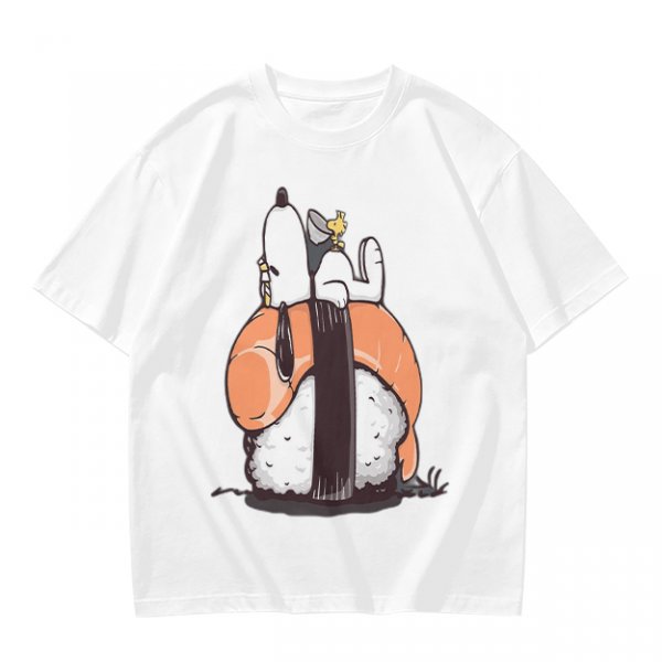 Olive t-shirt with Snoopy and Woodstock sushi print