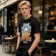 Olive green t-shirt with cute gray cat holding taiyaki graphic