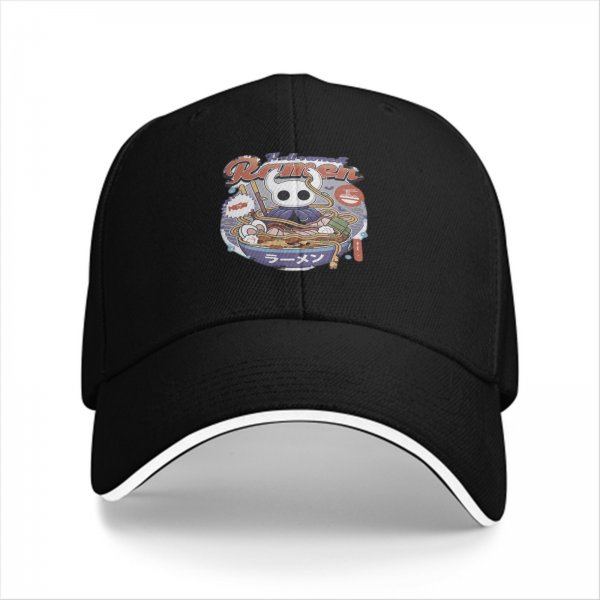 Black baseball cap with Hollow Knight ramen graphic print