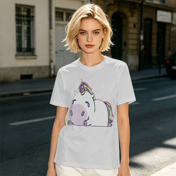 Olive Green T-Shirt With Crying Chubby Unicorn Rainbow Print
