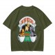 Olive green t-shirt with cat coffee cup graphic and playful text design
