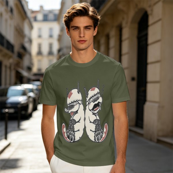 Olive T-Shirt With Two Sleepy Sky Bison Character Prints