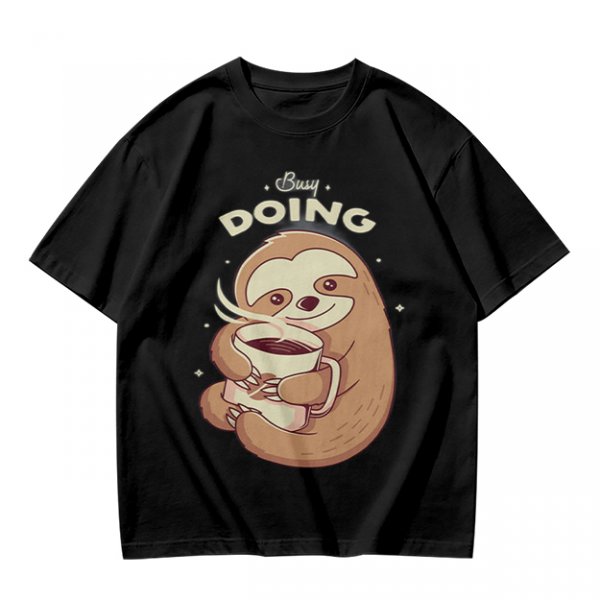 Olive green sloth t-shirt with 'Busy Doing' coffee graphic