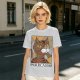 Olive green t-shirt with cubist style cat print and Purrcasso text