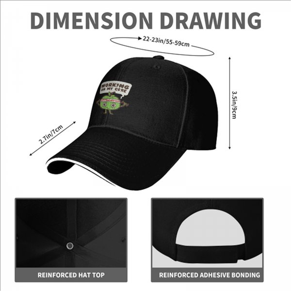 Black baseball cap with 'Working On My Core' fitness apple graphic