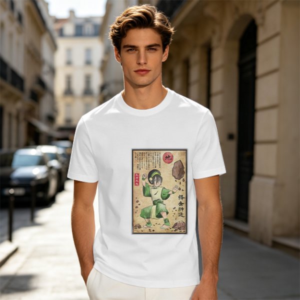 Olive T-shirt with Earthbender Character Vintage Art Print