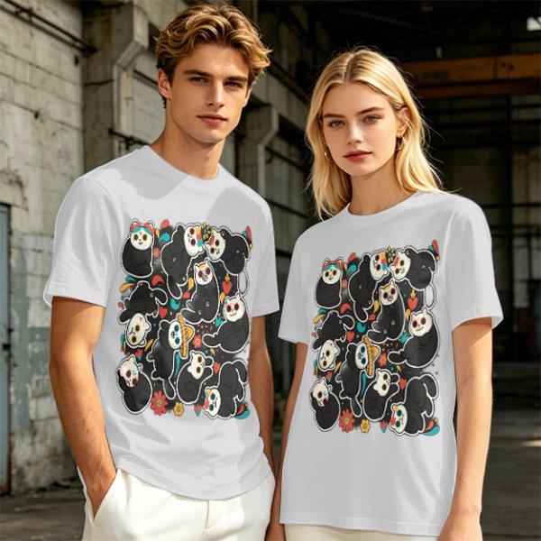 Olive T-Shirt With Day Of The Dead Cat Skull Graphic Print