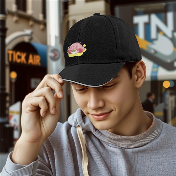 Black baseball cap featuring Kirby eating ramen