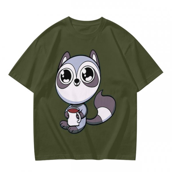 Olive T-Shirt with Cute Raccoon Holding Coffee Mug Print