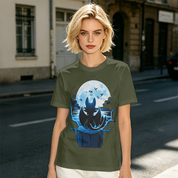 Olive T-Shirt Featuring Dragon Silhouette Under Full Moon