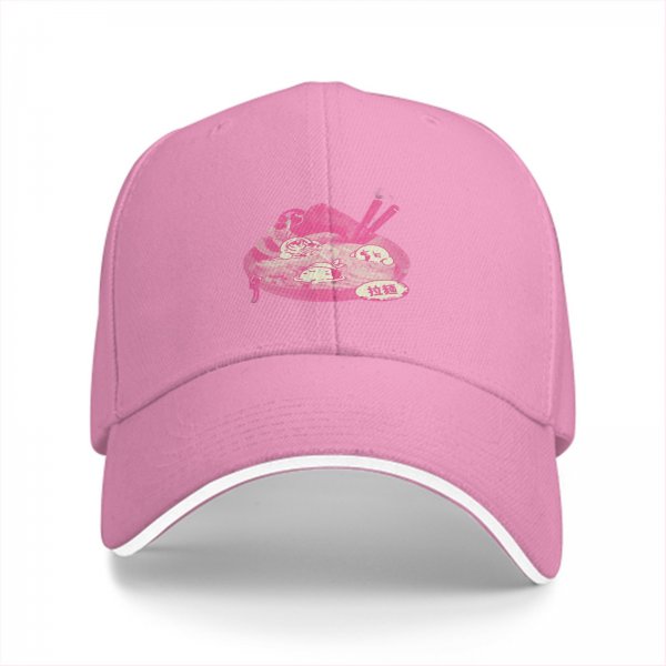 Black baseball cap with pink ramen bowl graphic design