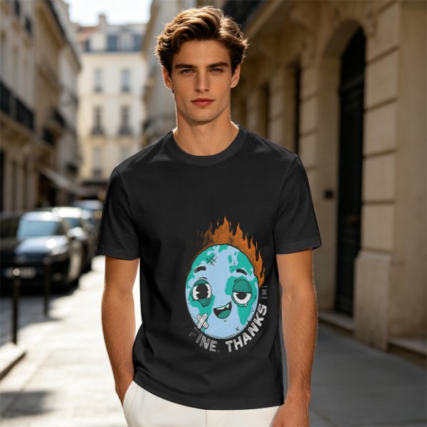 Olive T-shirt with Worn Burning Earth Graphic and 'Fine Thanks' Text