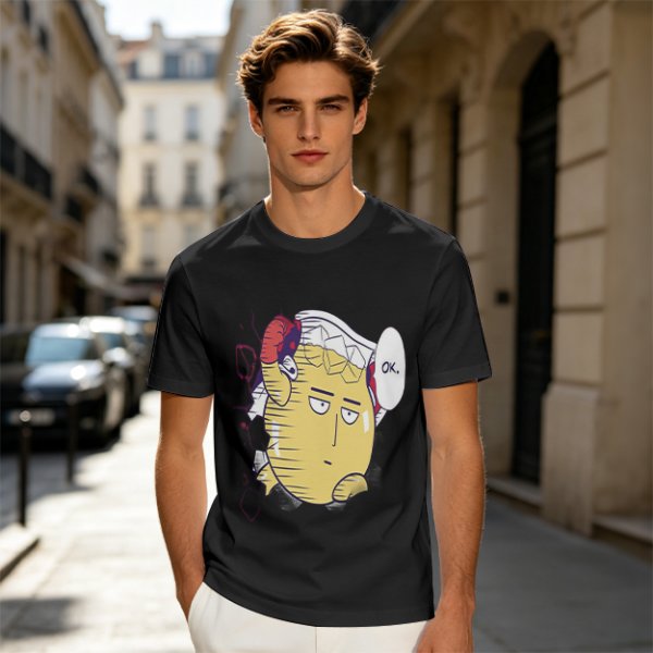 Oversized Olive T-Shirt with Saitama 'OK' Anime Graphic Print