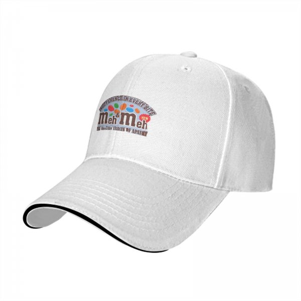 Black baseball cap with 'meh & meh' novelty candy parody design