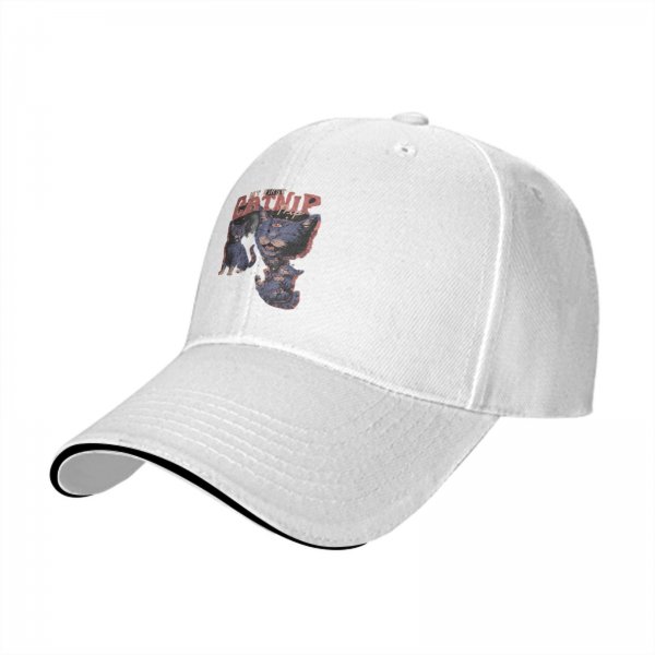 Black baseball cap with 'My First Catnip' and cat graphic print