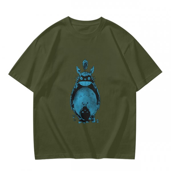 Olive Green T-Shirt With Blue Totoro Inspired Graphic Print