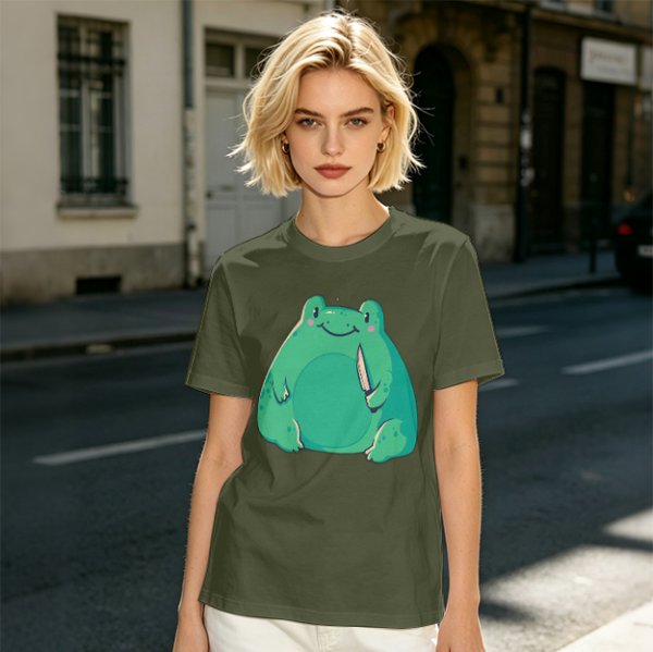 Olive Green T-Shirt With Cute Frog Holding Knife Graphic
