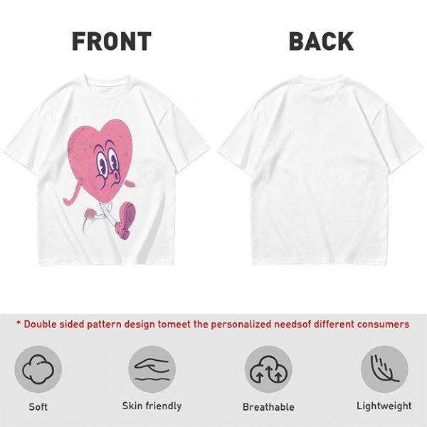 Oversized Olive T-Shirt with Retro Walking Pink Heart Cartoon Graphic