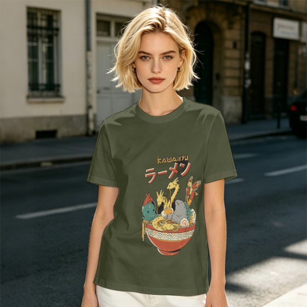 Olive T-Shirt with Kawaii Ramen Monster Bowl Graphic