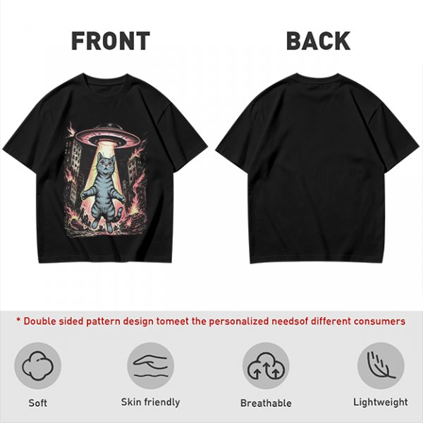Olive T-Shirt with UFO Abducting Cat Over Burning City