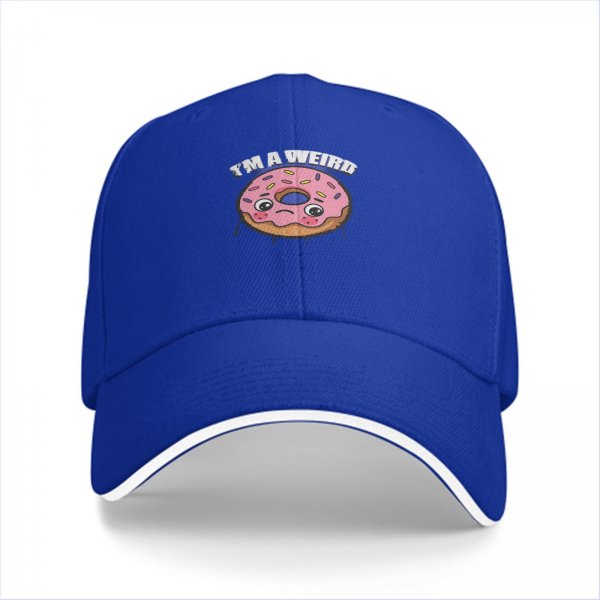 Black baseball cap with sad donut graphic and 'I'M A WEIRD' text