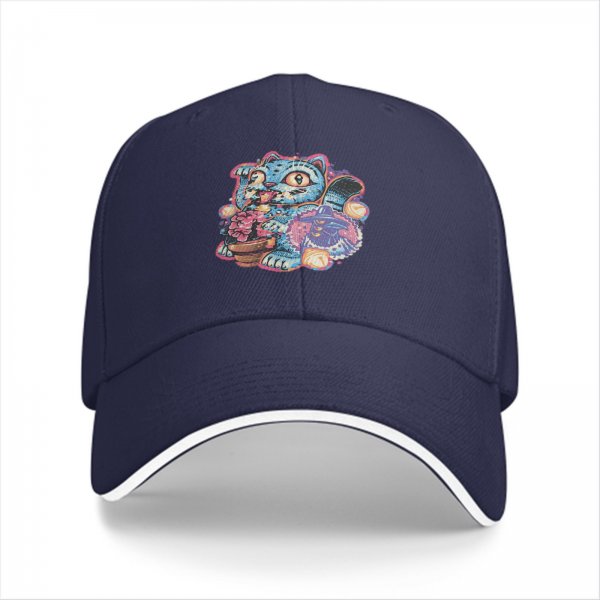 Black Baseball Cap With Whimsical Blue Cat Art Print