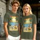 Olive T-Shirt with Beach Scene Print Featuring Totoro and Friends