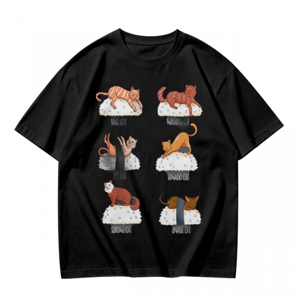Olive green t-shirt with sushi cat illustrations
