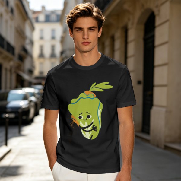 Olive Green T-Shirt With Sad Cartoon Cabbage Graphic