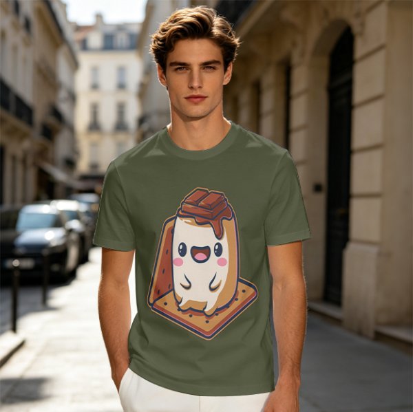 Olive T-Shirt With Cute Smores Character Graphic Print