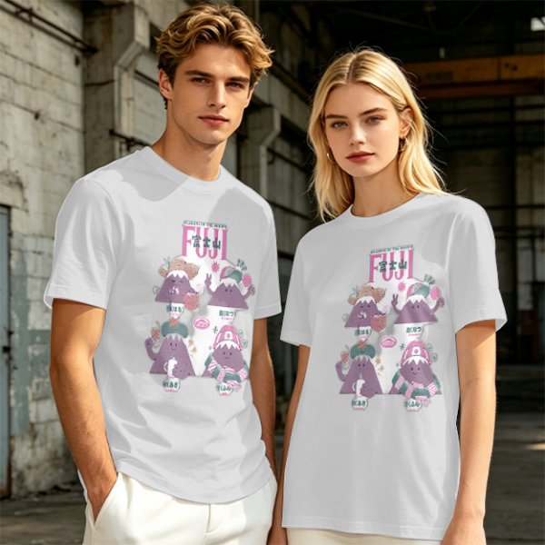 Olive green t-shirt with playful Mount Fuji character graphic print