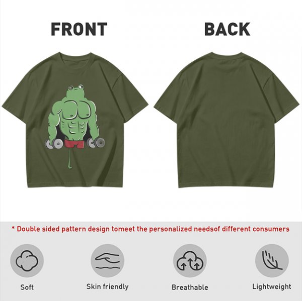 Oversized Army Green T-Shirt With Muscular Frog Lifting Dumbbells Print
