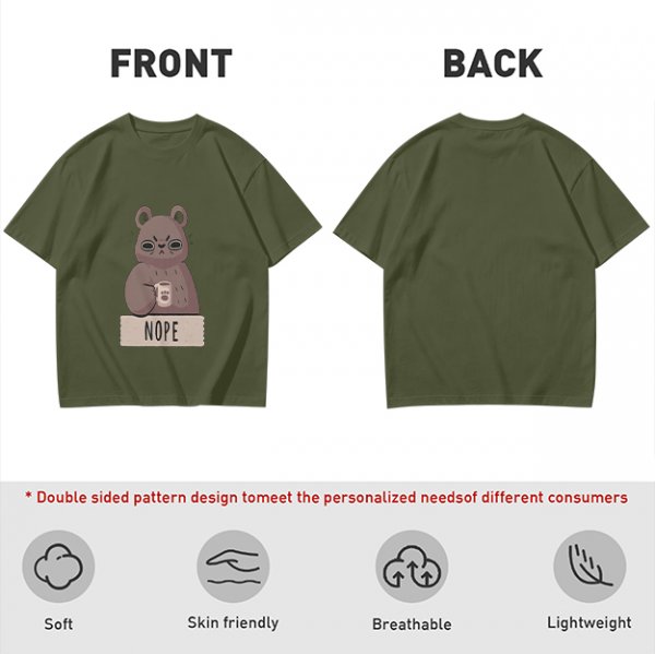Olive T-Shirt With Grumpy Bear Holding Coffee Mug And 'NOPE' Print