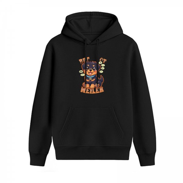 Black hoodie with cute cartoon rottweiler dog graphic