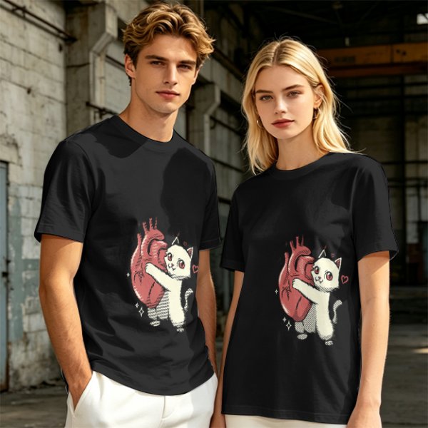 Olive T-Shirt With Cute White Cat Hugging Anatomical Heart Print
