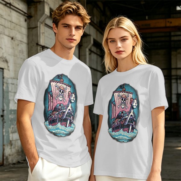 Olive T-shirt with One Piece Thousand Sunny Pirate Ship Print