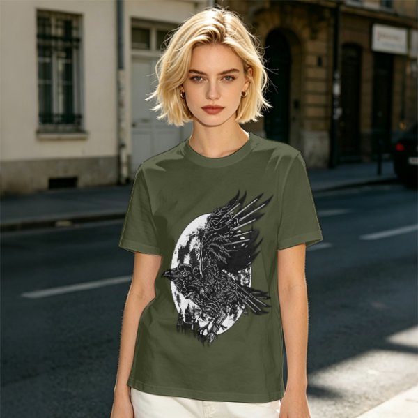 Olive Graphic T-Shirt with Mechanical Raven and Full Moon Print