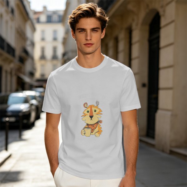 Olive Green T-Shirt with Cute Tiger Holding Coffee Mug Print