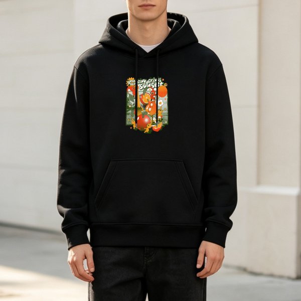 Black hoodie with citrus fruit and whimsical graphic print
