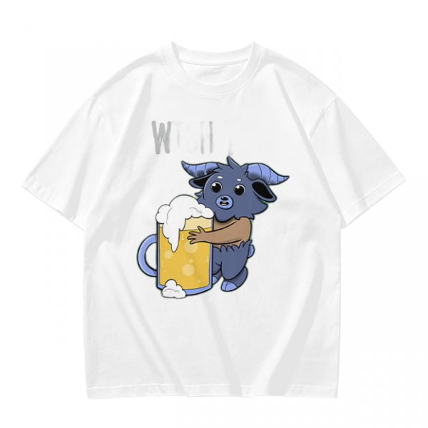 Olive T-Shirt With Cute Blue Goat Holding Foamy Beer Mug Print