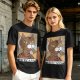 Olive green t-shirt with cubist style cat print and Purrcasso text