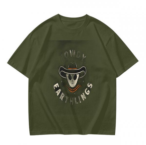 Olive t-shirt with alien cowboy howdy earthlings graphic
