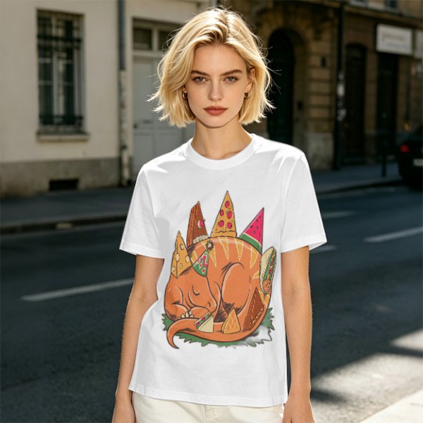 Sleeping Dinosaur Surrounded by Food Slices Graphic T-Shirt