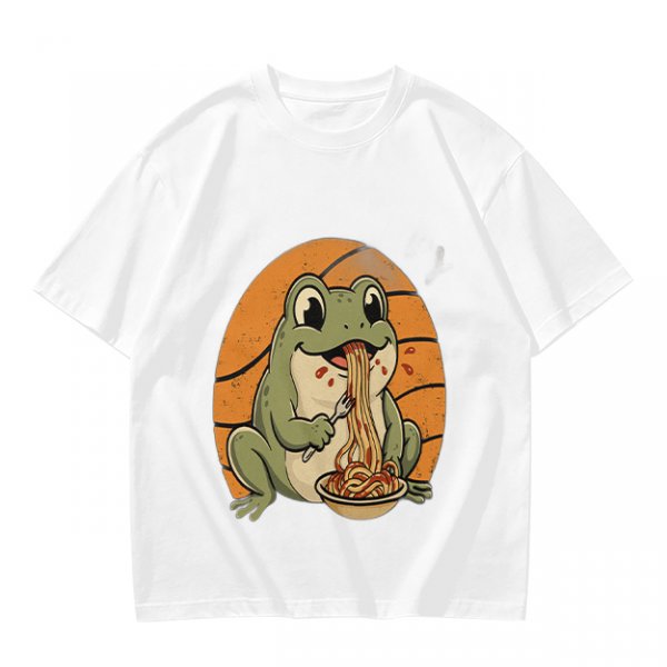 Olive Green T-Shirt Featuring a Frog Eating Spaghetti Graphic