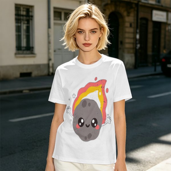 Olive green t-shirt with cute cartoon flaming asteroid graphic