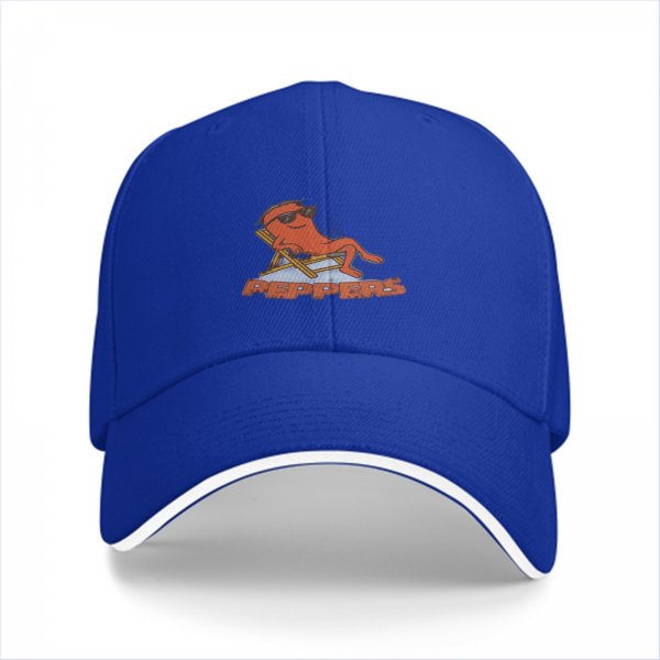 Black baseball cap with a relaxed cartoon pepper graphic and text