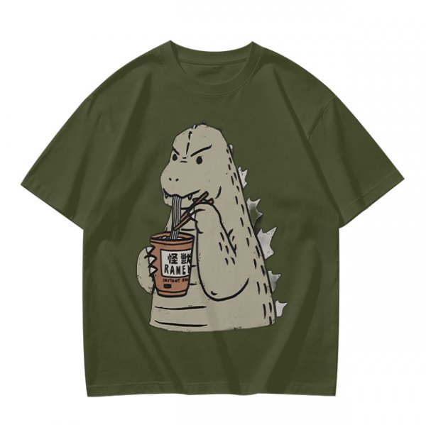 Olive T-Shirt Featuring Godzilla Eating Ramen