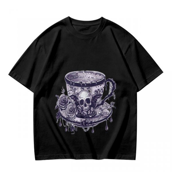 Olive T-shirt with Gothic Skull Teacup and Roses Print