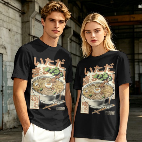 Olive green t-shirt with zen ramen bowl and bonsai tree print